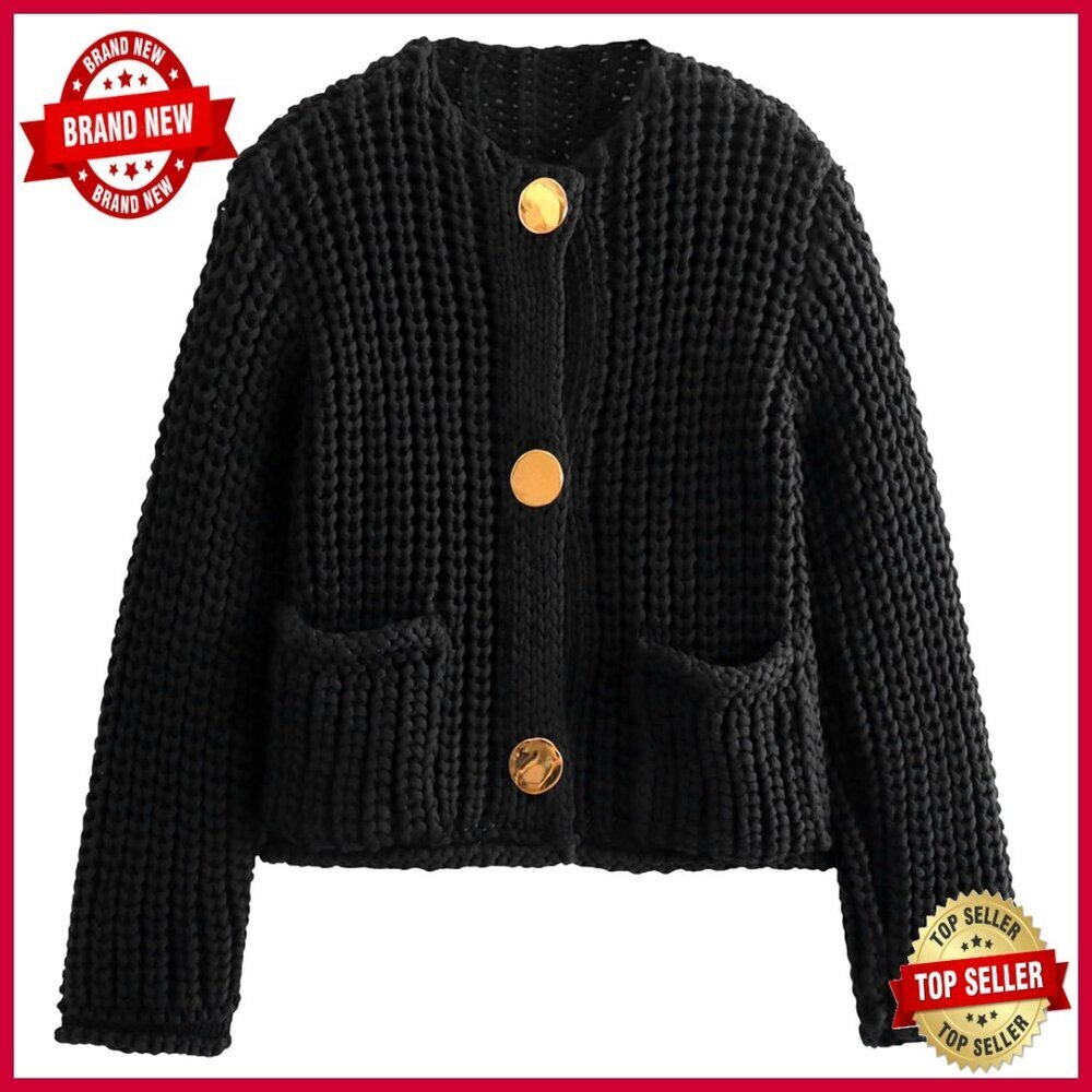 Cropped Cardigan Sweater Chunky Knit Button Down Open Front Long Sleeve
